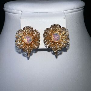 Vintage MCM Gold Tone Filigree and Opal Clip‎ Back Earring